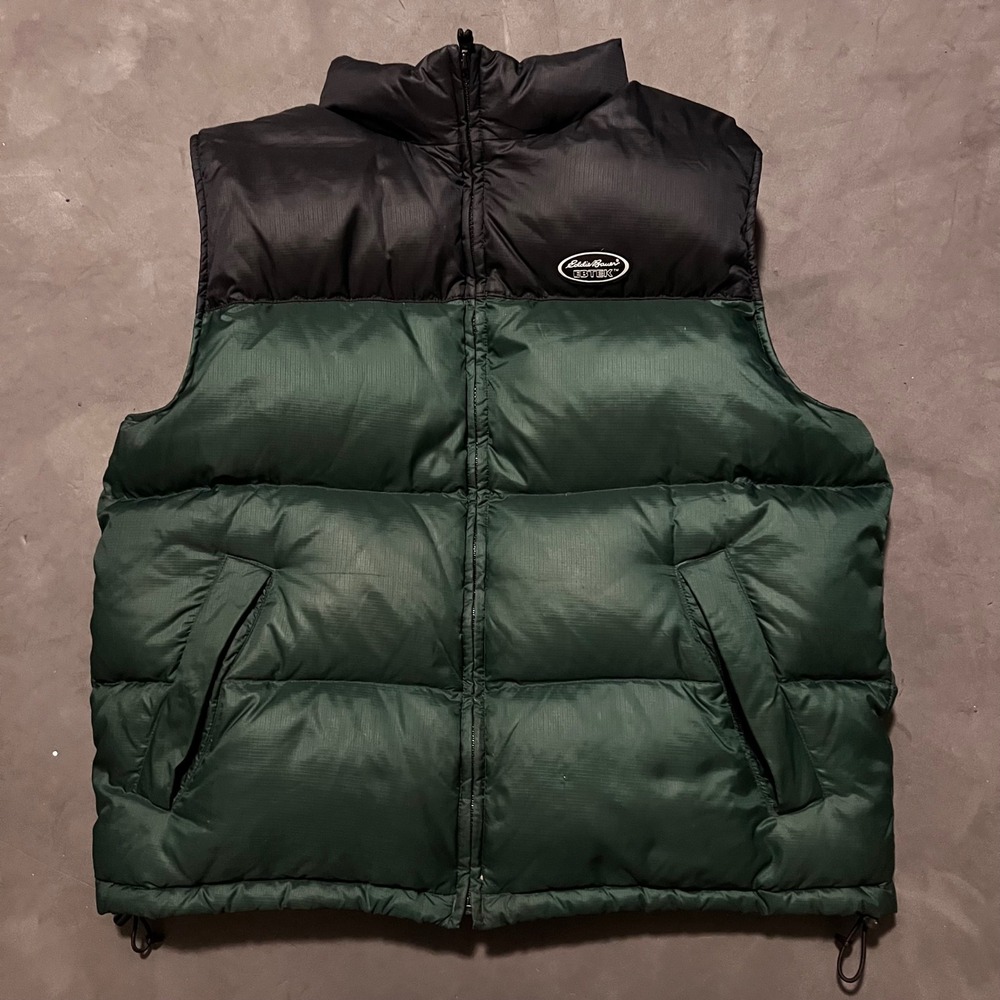 Eddie Bauer EBTEK Puffer Vest Mens Large Colorblock Black Green Goose Down Fill